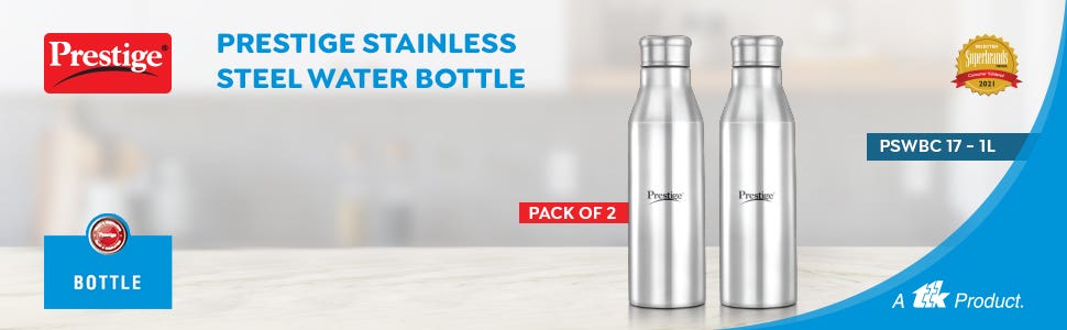 Prestige PSWBC 17 Stainless Steel Spill Free Water Bottle, 1 Litre, Silver (Pack of 2)