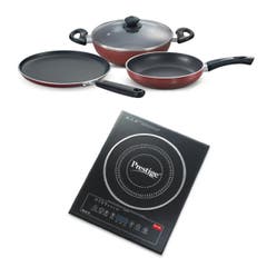 Prestige PIC 2.0 V2 2000W Indian Menu Options Induction Cooktop (Black) with Omega Deluxe Induction Compatible Non-stick Kitchen Set 3 Pcs BYK, Maroon