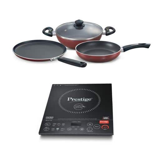 Prestige PIC 6.1 V3 2200 Watts Induction Cooktop with Omega Deluxe Induction Compatible Non-stick Kitchen Set 3 Pcs BYK, Maroon